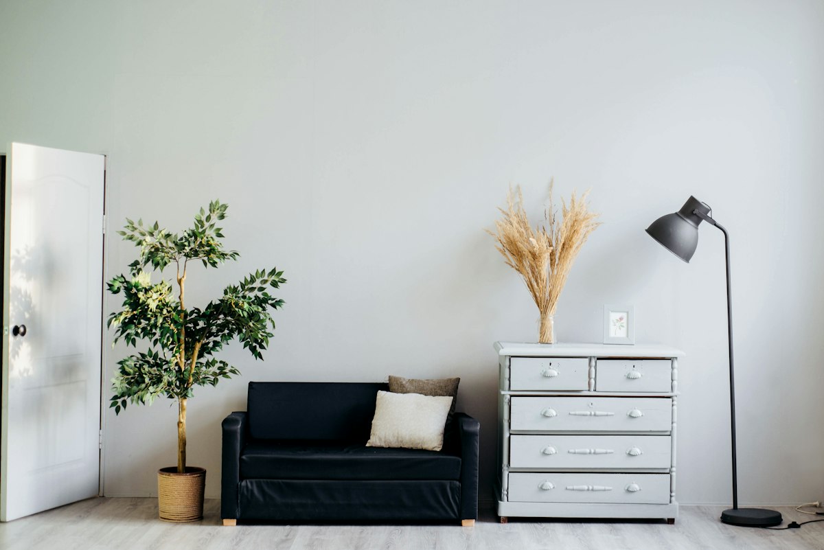 Small black sofa beside a white chest of drawers and an open doorway