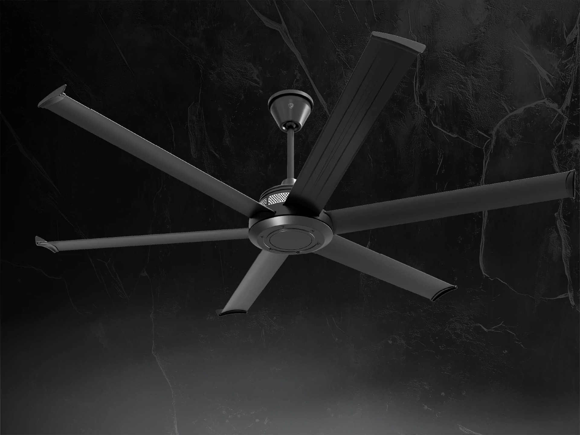 Dark ceiling fan against a textured background
