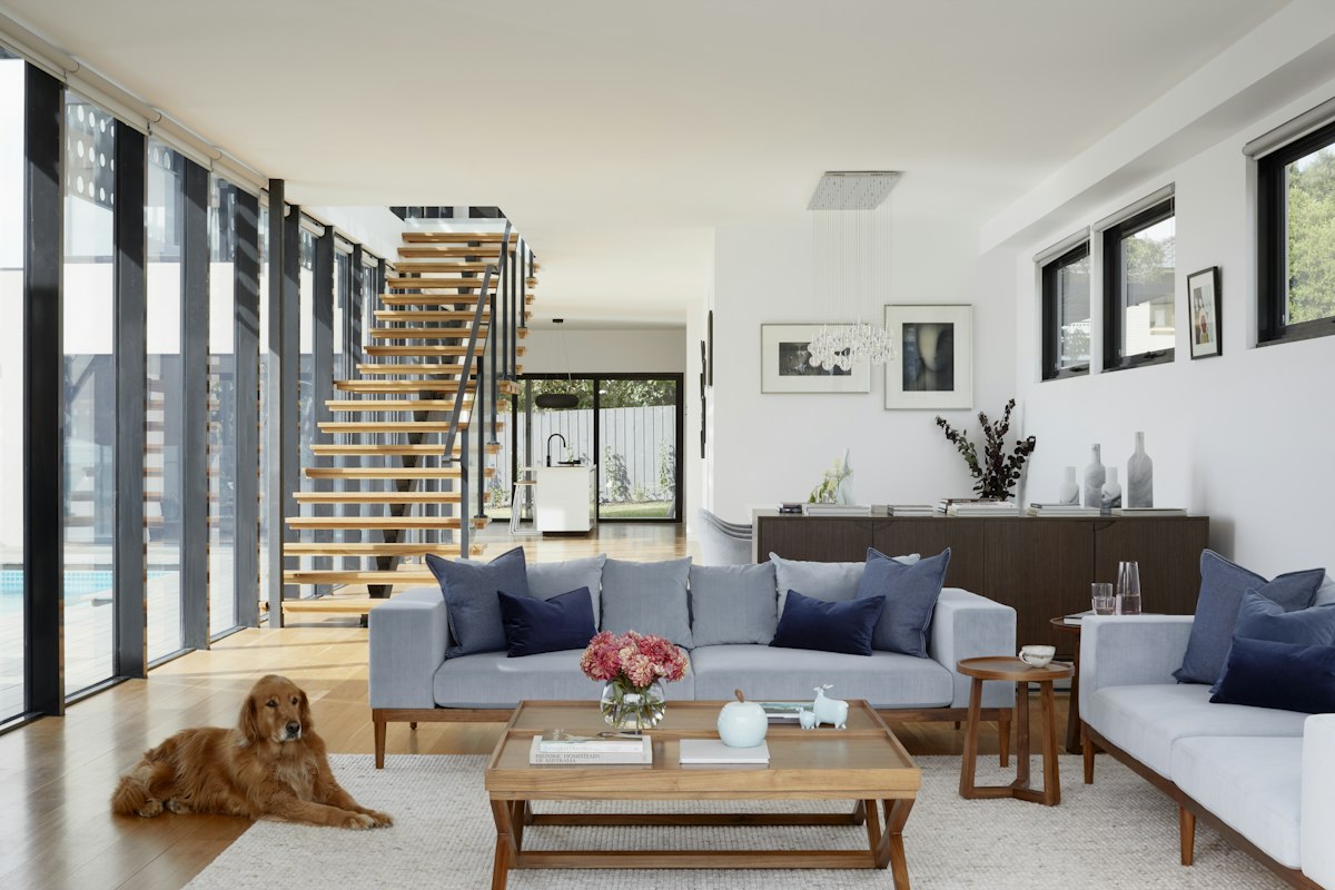 Daylit living room with pale blue sofas, a pendant and an open timber staircase