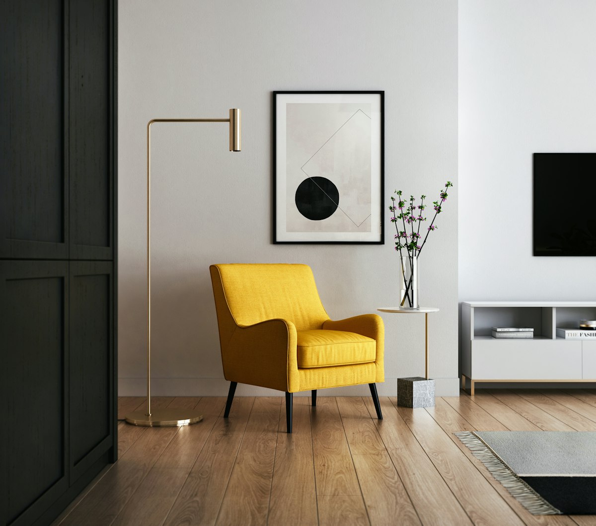 Living room corner with a yellow chair and a fringed rug